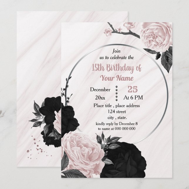 Invitation Fête d'anniversaire à fleurs roses noires et douce (Devant / Derrière)