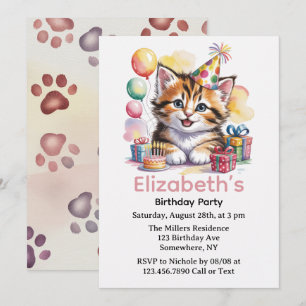 Invitation Fête d'anniversaire à l'aquarelle de chaton mignon