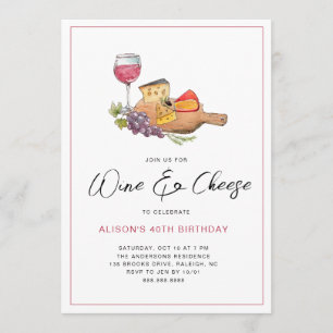 Invitation Fête d'anniversaire à l'aquarelle Vin & Fromage