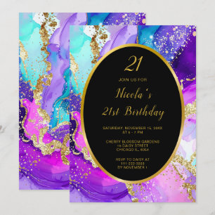Invitation Fête d'anniversaire à l'encre bleue, violette et d