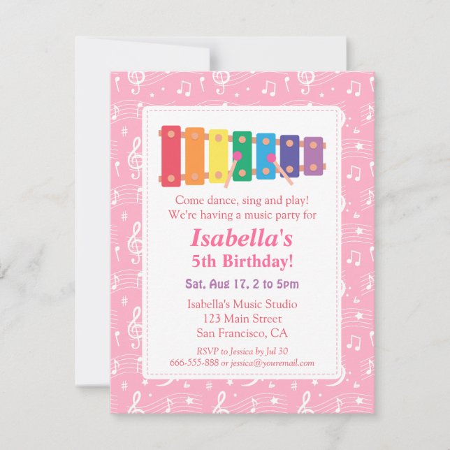 Invitation Fête d'anniversaire à thème de la musique xylophon (Devant)