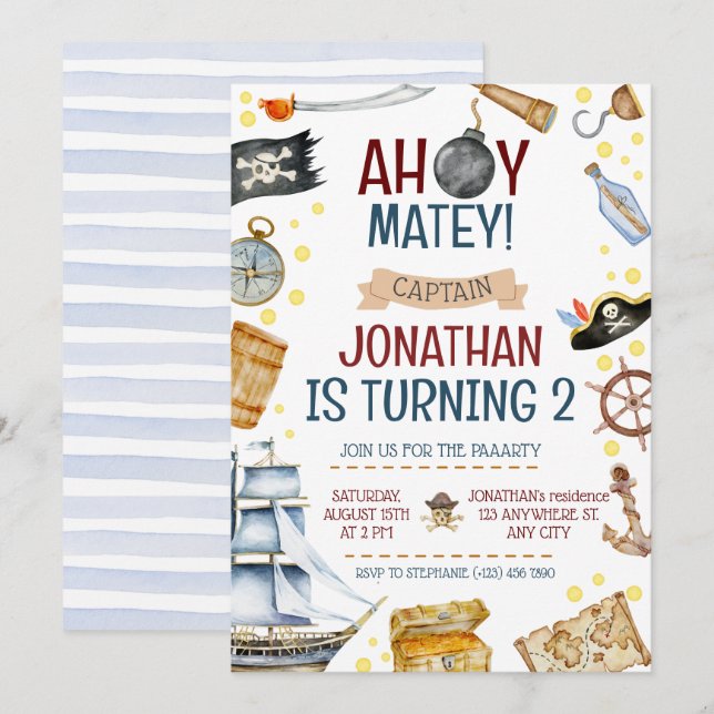 Invitation Fête d'anniversaire à thème Pirate (Devant / Derrière)