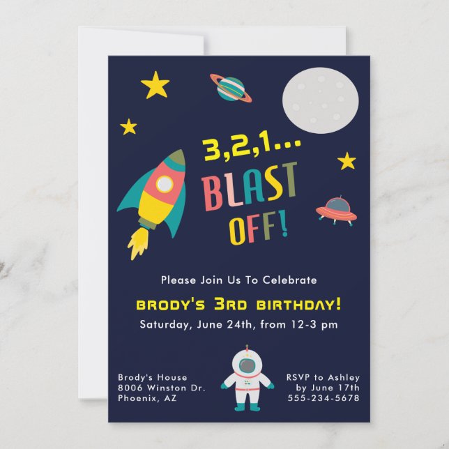 Invitation Fête d'anniversaire à thème Rocket Ship Space (Devant)