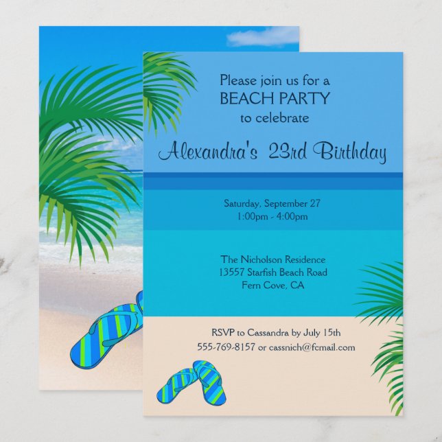 Invitation Fête d'anniversaire à Tropical Beach & Flip Flops (Devant / Derrière)