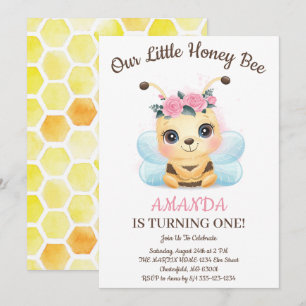 Invitation Fête d'anniversaire abeille à miel florale aquarel