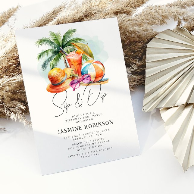 Invitation Fête d'anniversaire adulte Sip & Dip avec piscine (Créateur téléchargé)