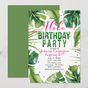 Invitation FÊTE D'ANNIVERSAIRE ALOHA Feuilles Tropicales Rose