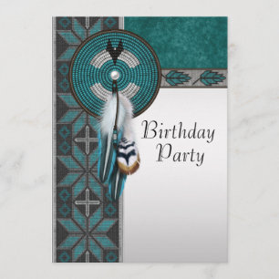 Invitation Fête d'anniversaire amérindienne Turquoise Bleu
