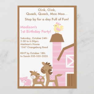 Invitation Fête d'anniversaire animale d'amusement de grange