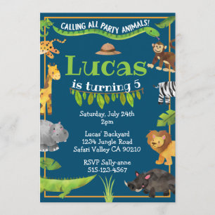 Invitation Fête d'anniversaire animale sauvage de jungle de