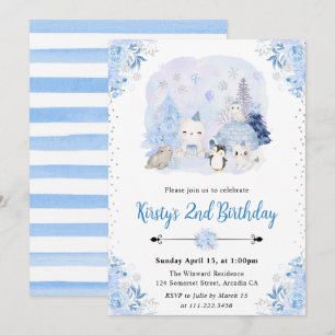 Invitation Fête d'anniversaire Animaux Arctiques Hiver Aquare