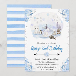 Invitation Fête d'anniversaire Animaux Arctiques Hiver Aquare