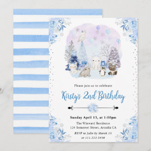 Invitation Fête d'anniversaire Animaux Arctiques Hiver Aquare