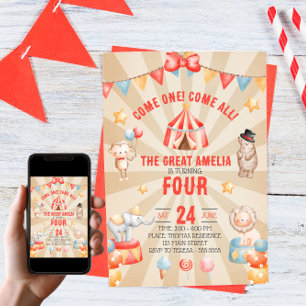Invitation Fête d'anniversaire Animaux de Cirque Aquarelle 