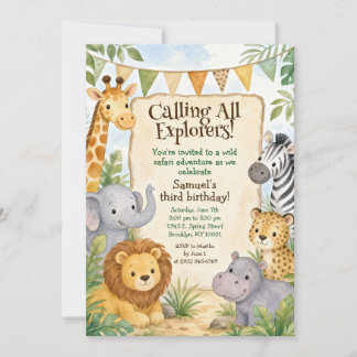 Invitation Fête d'anniversaire Animaux de Safari Aquarelle