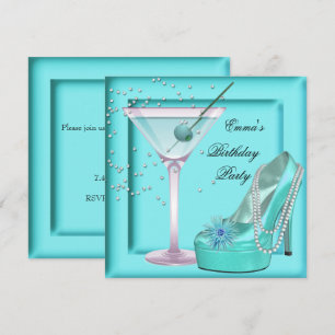 Invitation Fête d'anniversaire Aqua Bleu Turquoise Martini