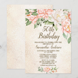 Invitation Fête d'anniversaire Aquarelle Pêche Fleurs blanche