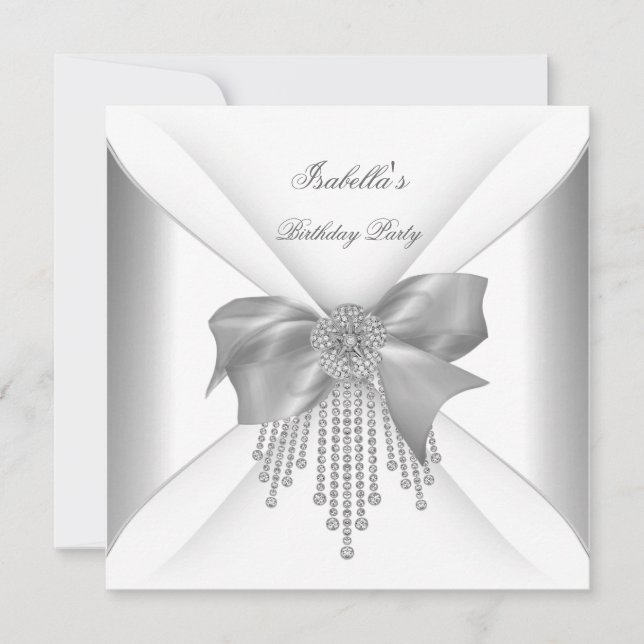 Invitation Fête d'anniversaire Argent Blanc Diamant Bow (Devant)