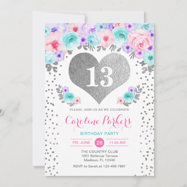 Invitation Fête d'anniversaire - Argent Turquoise violet rose (Devant)