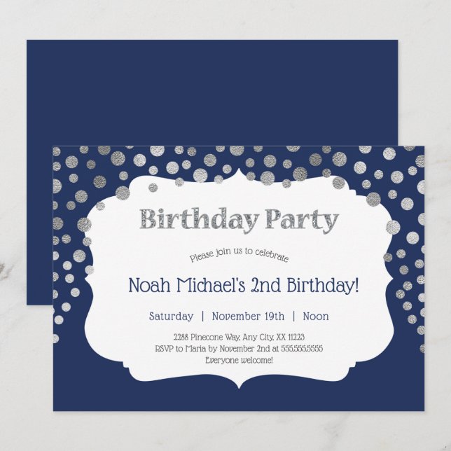 Invitation Fête d'anniversaire argentée de point de marine (Devant / Derrière)