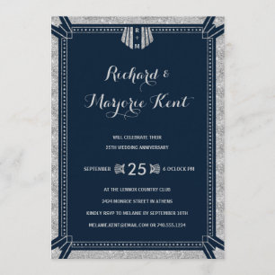 Invitation Fête d'anniversaire Art Déco Argent et Bleu Nuit