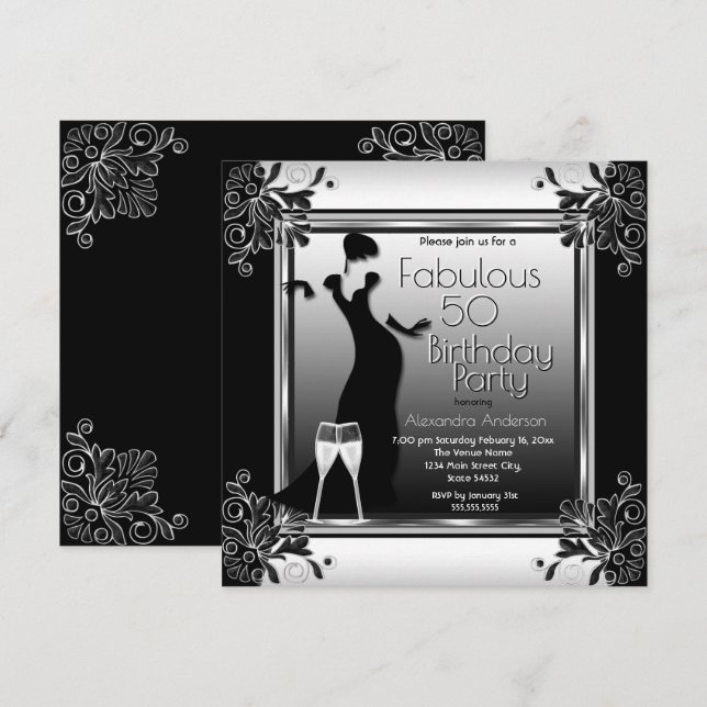 Invitation Fête d'anniversaire Art Déco Lady Black White Cham (Devant / Derrière)
