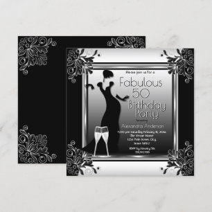 Invitation Fête d'anniversaire Art Déco Lady Black White Cham