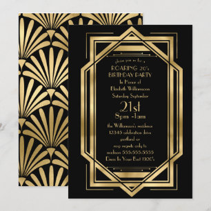 Invitation Fête d'anniversaire Art déco noir et or déchaînée