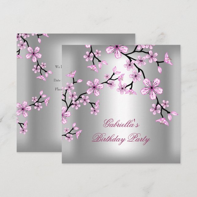 Invitation Fête d'anniversaire asiatique d'argent rose (Devant / Derrière)