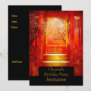 Invitation Fête d'anniversaire Asiatique Scène Or rouge