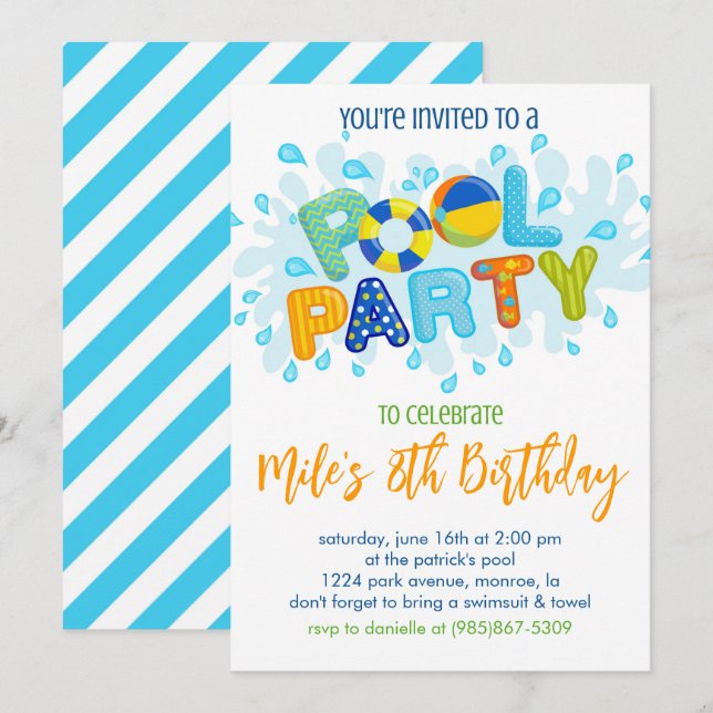 Invitation Fête d'anniversaire au bord de la piscine (Devant / Derrière)