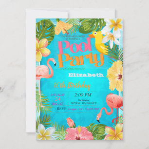 Invitation Fête d'anniversaire au bord de la piscine aux fleu