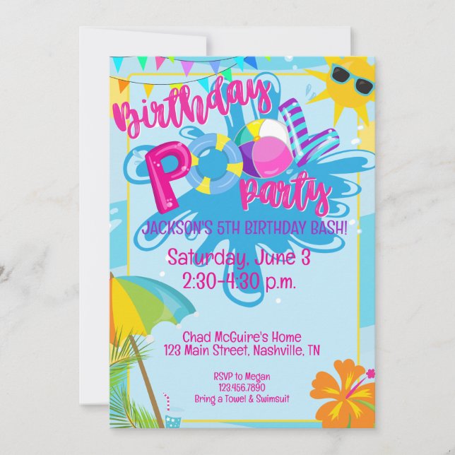 Invitation Fête d'anniversaire au bord de la piscine, Invitat (Devant)