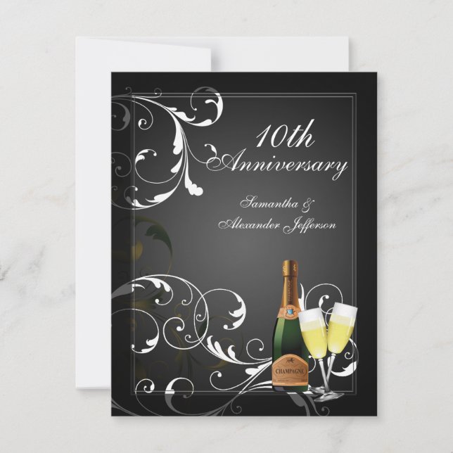 Invitation Fête d'anniversaire au champagne argenté noir et b (Devant)