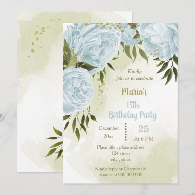 Invitation fête d'anniversaire aux fleurs bleues (Devant / Derrière)
