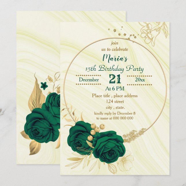 Invitation fête d'anniversaire aux fleurs d'or vert émeraude (Devant / Derrière)