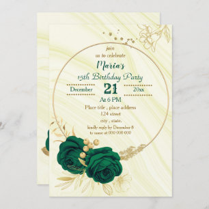 Invitation fête d'anniversaire aux fleurs d'or vert émeraude
