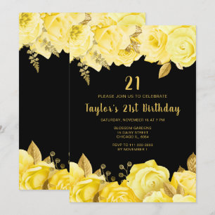 Invitation Fête d'anniversaire aux fleurs jaunes et or élégan