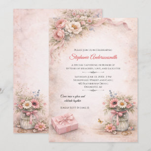Invitation Fête d'anniversaire aux fleurs roses élégantes  