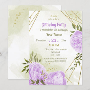 Invitation fête d'anniversaire aux fleurs violettes