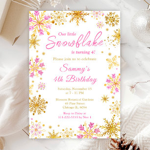 Invitation Fête d'anniversaire aux flocons de neige rose et o