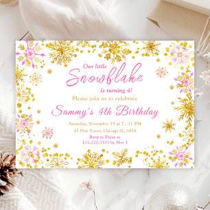 Invitation Fête d'anniversaire aux flocons de neige rose et o