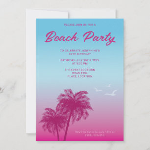 Invitation Fête d'anniversaire aux palmiers de plage rose tro