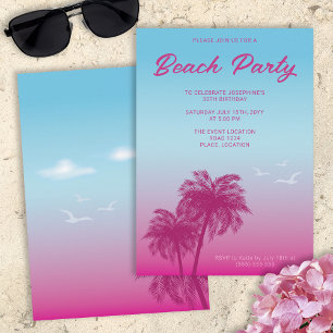 Invitation Fête d'anniversaire aux palmiers de plage rose tro