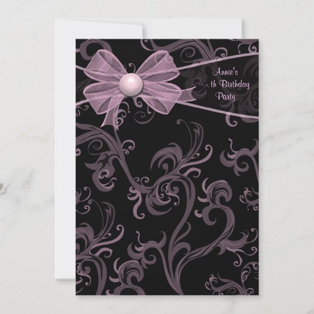 Invitation Fête d'Anniversaire aux perles noires roses (Devant)