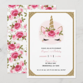 Invitation Fête d'anniversaire aux roses florales de licorne