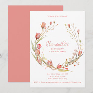 Invitation Fête d'anniversaire aux tulipes corail Blush aquar