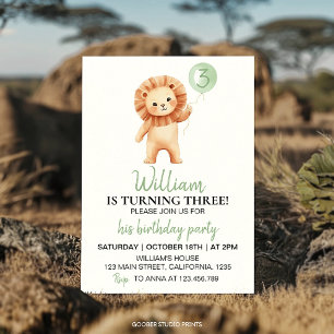 Invitation Fête d'anniversaire avec ballon vert sauge lion mi