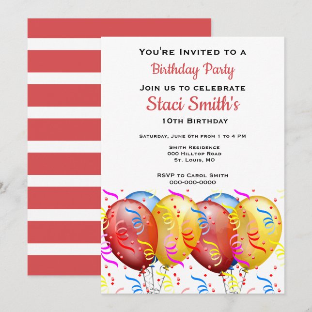 Invitation Fête d'anniversaire avec ballons fille 10 (Devant / Derrière)