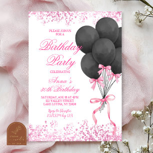 Invitation Fête d'anniversaire avec ballons noirs et roses pa